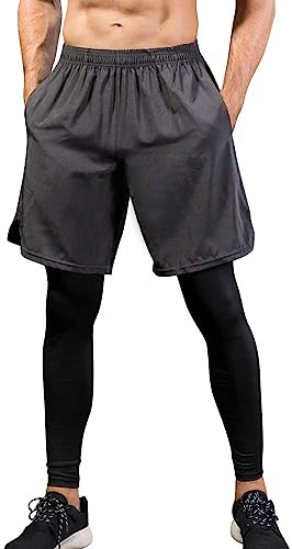 Yuerlian Mens 2 in 1 Pants Running Shorts with Quick Dry Sports Leggings