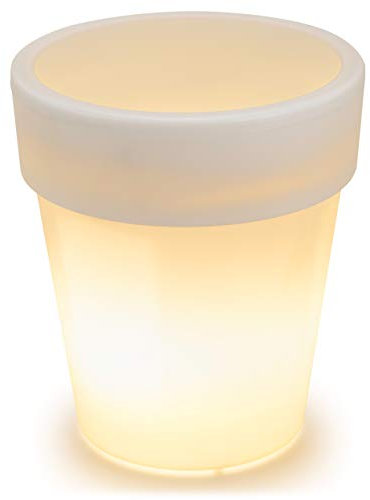 Solar Blumentopf Pflanzkübel mit 3 LED – 19 x 17 cm – Kunststoff weiß – mit Akku Wasserablauf Dämmerungssensor – warmweiß