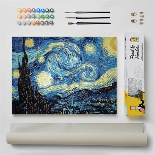 DonElton Pintar por Números para adultos inspirado por Vincent van Gogh - 40x50 cm Kits de pintura con Pinceles, colores acrílicos y lienzo de lino, Sin marco - Regalo creativo (La Noche Estrellada)