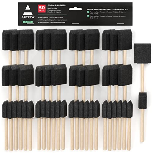 ARTEZA Foam Paint Brushes, Set of 50, Includes 25 x 1 Inch & 25 x 2 Inch Sponge Brushes