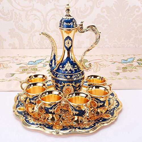 Vintage Türkische Kaffeekanne Set, Metall Weinglas Krug Set Türkische Teekanne mit Tablett und 6 Teegläser, Türkische Teegläser Set für Heimkunst Handwerk Hochzeit (Blau)