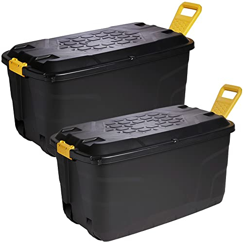 STORM TRADING GROUP Heavy Duty Robust Black Storage Trunk With Wheels & Handles 110 Litre & 145 Litre XL Capacity Great for Indoor & Outdoor Storage (110 Litre, 1 x Storage Trunk Box)