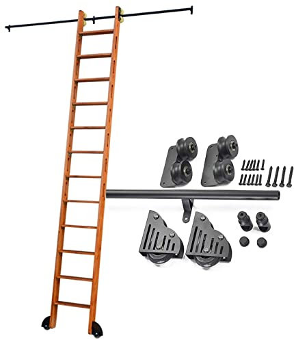 Kit de Porte de Grange coulissante | Ensemble Complet de Rails roulants pour bibliothèque (sans échelle) | Rail d'échelle coulissante | Rail d'échelle Mobile à Tube Rond avec roulettes au So