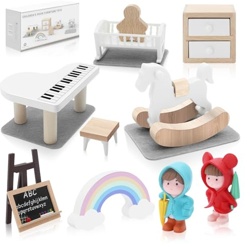 10PCS Miniature Dollhouse Babyroom Furniture Set, Wooden Mini Furniture Dollhouse Accessories with Piano, Pretend Play Furniture Toys for Kids Age 3+ Birthday