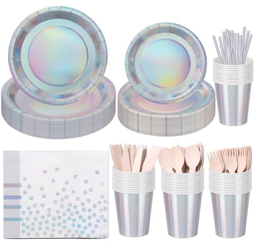 Iridescent Party Supplies Set Serve for 25 Guests, CEILIWEN 200PCS Holographic Paper Plates and Napkins Cup Set, Silver Party Tableware Set for Birthday Wedding Anniversary