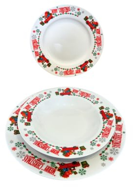 GLOUPIE Servizio Piatti Natalizio Per 6 Persone Composto Da 18 Piatti Di Cui 6 Piani, 6 Fondi, 6 Dessert, In Porcellana Bianca Dal Decoro Natalizio Con Macchinine, Regali, Fiocchi Di Neve E Auguri