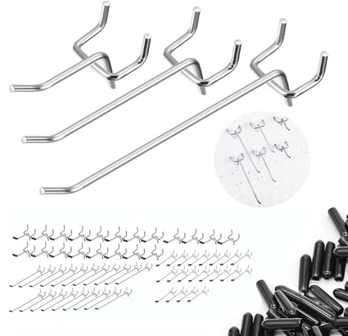 Nivithi Pack of 60 Perforated Wall Hooks, 15 cm/10 cm/5 cm, for Tool Wall and Workshop Accessories. These hooks for perforated wall workshop are ideal as an accessory for garage, tool holder and