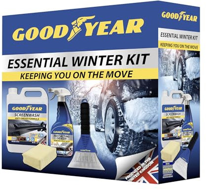 Goodyear Essential Winter Kit - 5L Anti-smear formula Screenwash| Fast acting de-icer| Demister pad and Ice scraper| Complete Winter Driving Solution| Durable & Compact| Ideal for Safe Winter Travel