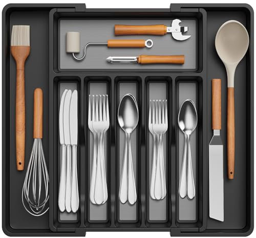 Lifewit Cutlery Drawer Organiser, 33-56.8x42.4cm Expandable Cutlery Tray with TPR Non-Slip Inserts for Storage Utensil Spoon Fork Knives, Black&Grey