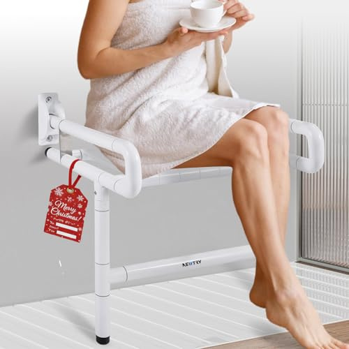 NEWTRY Folding Shower Seat Wall Mounted with Arms & Legs, 660lbs Heavy Duty Widened Foldable Bath Chair Stool for Elderly Pregnant Disabled Safe Use for Walk in Showers