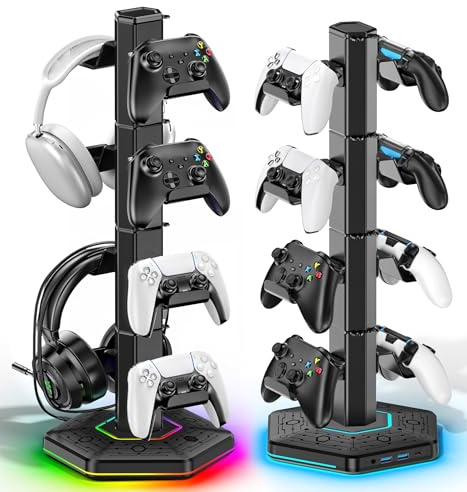 4 Niveles Soporte para Auriculares y Mando con RGB, Suporte para Cascos con 2 Puertos USB y Type-C, Universal Soporte para Mando con Función de Organización de Cables, Accesorios para Juegos, Negro