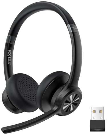 TECKNET Bluetooth Headset, USB Wireless Headset with Microphone Noise Canceling, 50H Playtime & Mute, Wireless Headphones with Mic BT 5.2 On-Ear Headphones for Trucker Cellphone Office Call Center