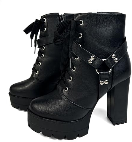 MEOTINA Black High Heel Boots for Women Platform Combat Booties Fashion Buckle Chunky Heeled Goth Boots Lace Up Ankle Boot with Zipper Gothic Shoes