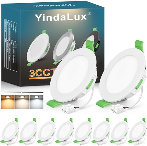YindaLux Extra platt infälld LED-spotlight 8 W, 800 LM, takspotlight, IP44, badrumspotlight, varmvit, 2 700K, neutral vit, 4 000 K, justerbar kall vit, Ø 75–90 mm, AC220–240 V, set med 10 st, vit