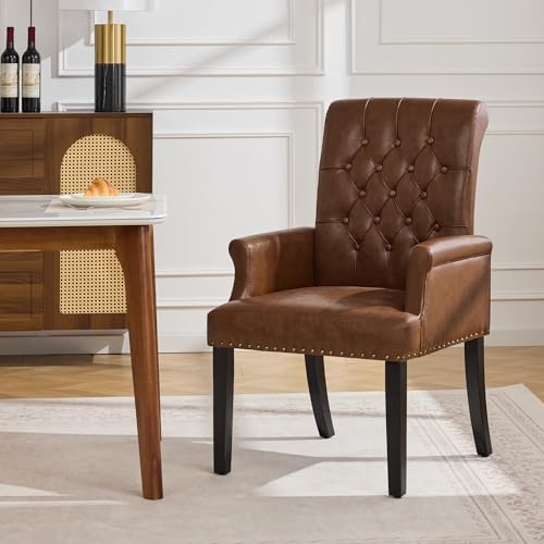 WUTUTUEE PU Leather Dining Chair with Arms, Upholstered Tufted High Back Dining Room Chairs, Accent Armchair with Solid Wood Leg and Nailhead Trim, Kitchen Dining Living Room, Coffee