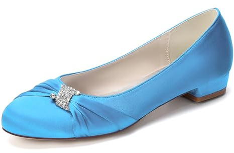 Chaussures Fermées pour Femmes Talon Bas Chaussures De Mariage pour Mariée Satin Strass Escarpins De Soirée, Bal Ou Robe De Mariée,Sky Blue,36 EU