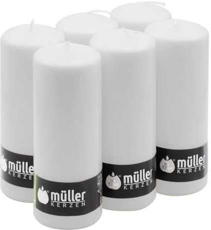 Müller Candele Grandi a Colonna - Set di 6 Candele Colore Bianco - 68 x 180 mm - Lunga Durata di 60 Ore - Cero Antigoccia - Inodore - Qualità RAL