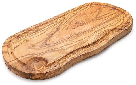 Erreke Tagliere in Legno d'ulivo Naturale, Tagliere da Cucina in Legno, Pezzo Unico, Tagliere Grandi per Servire, Tagliare, Carne Barbecue Salsicce Formaggio Prosciutto Pane (39x18 cm, Fessura)