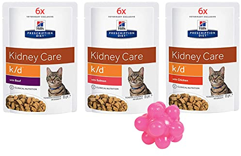 Hills k/d Kidney Care Cat Food - 18 x 85g (6 Beef, 6 Salmon, 6 Chicken) with Free Toy Ball