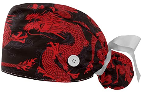 2 paquetes de gorras de trabajo con botones, banda para el sudor, gorras quirúrgicas ajustables para mujeres y hombres, patrón rojo dragón chino, multicolor, Talla única