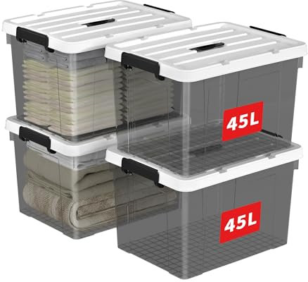 Cetomo 45L*4 Scatole di Stoccaggio in Plastica, Scatole Portaoggetti con Coperchio, Organizzatore con Manico, Contenitori per Casa e Ufficio, Impilabile, Resistente, Nero Chiaro, 45L - Confezione da 4