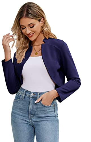 KOJOOIN Bolero da donna per feste, Jäckchen a maniche lunghe, elegante, cardigan corto, shrug top (confezione riutilizzabile), Blu scuro, M