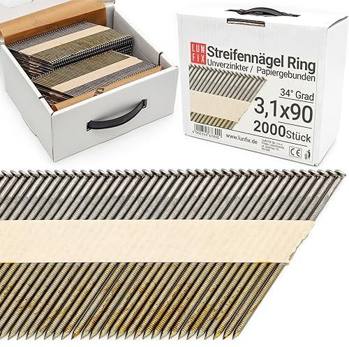 Clavos 34° 3,1 x 90 mm de acero sin galvanizar, encuadernados en papel sobre tiras, paquete de 2000 unidades, para agregar, clavadora de gas, clavadora neumática