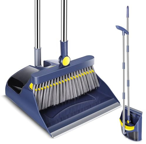 HEVOL Besen mit Stiel, Besen und Kehrschaufel Set mit Gummilippe, Schaufel und Besen Set, Aufrechter Kehrmaschine und Kehrschaufel Combo mit Kamm für Haushaltsreinigung, Bodenreinigung – Blau