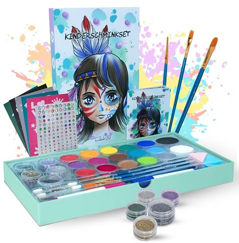 TeichKindⓇ Kinderschminke Set, 22 kräftige Farben, Glitzer, Vorlagen, Halloween, Schminke Set, Bodypainting Karnevalsschminke, Face Paint, Theaterschminke