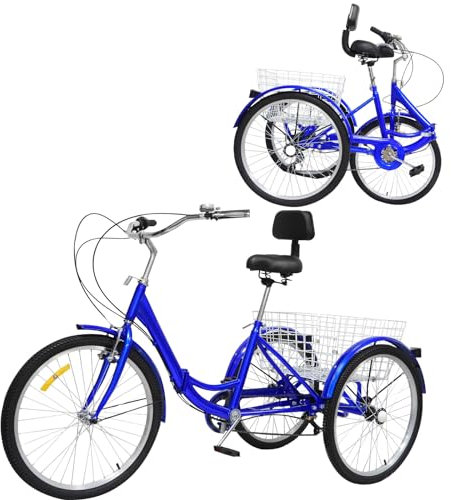 24 Zoll 7 Gang Erwachsenen Faltbares Dreirad mit Korb 3-Rad Erwachsene Senioren Einstellbares Trike Bike Lastenfahrrad für Outdoor-Sport