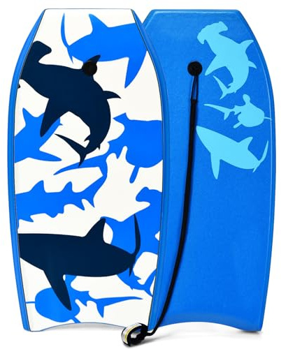 HOMASIS Bodyboard con Guinzaglio, Tavola da Surf in XPE & HDPE, Surfboard con Stampa di Squalo, Tavoletta da Surf Portatile per Bambini e Adulti, Blu (S)