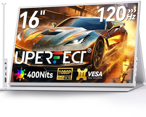 UPERFECT Portable Monitor 16 Zoll 120Hz Tragbarer Monitor für Gaming 16:10 FHD 1080P IPS mit HDMI USB C für Laptop/Spielkonsole/Phone, Metal Housing, VESA-Kompatibel
