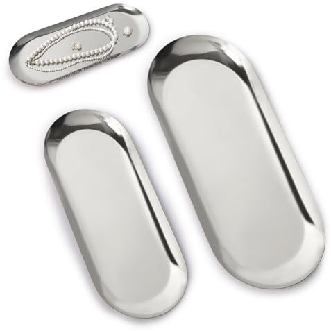 Minicoco 2PCS Oval Tray Stainless Steel Jewellery Cosmetic Perfume Candle Holder Tray Decorative Key Bowl (Silver)