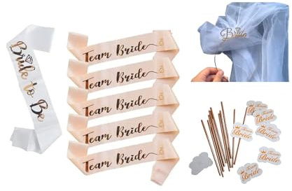 Junggesellinnenabschied Set, Schärpe Braut, Team Bride Brille, Schleier weiß, JGA, Brautparty, Hochzeit, Tattoo, Trauzeugin, Party, Brautjungfern Deko, Armband, Bride Kopfschmuck gold (1)