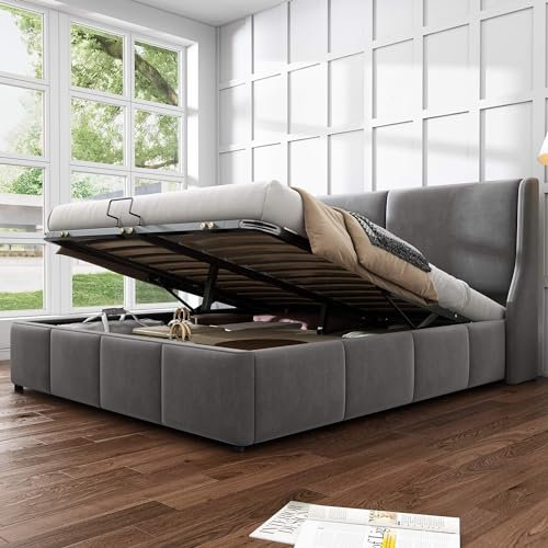 NQSLDM Polsterbett Stauraumbett 180x200 cm mit Bettkasten und Lattenrost, Hydraulisches Bett mit Stauraum und Kopfteil, Bett für Schlafzimmer und Gästezimmer, Samt, Ohne Matratze, Grau