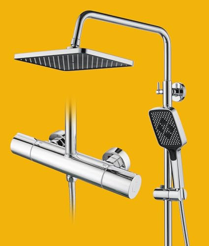 Baollansa Colonna Doccia Con Miscelatore Termostatico,Asta 88-125cm Doccia Quadrato Set Sistema Doccia Miscelatore Termostatiico 38℃ Doccetta 3 Funzioni per Bagno（cromo）