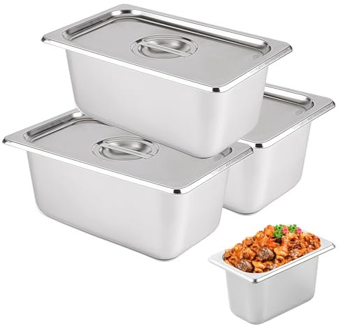 PORFOYO Panierschalen Set 3-Teilig mit Deckel aus Edelstahl, GN Behälter 1/9 mit Deckel 17.6×10.8×10cm, Gastro Behälter für Schnitzel, Fischkoteletts Hähnchenkoteletts, Ideal zum Panieren Servieren