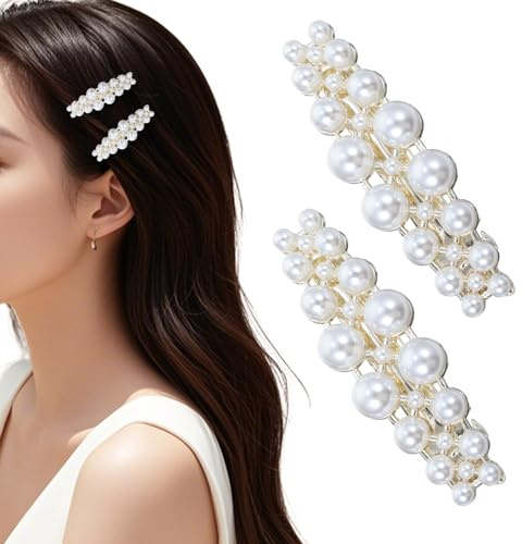 2 Pcs Bremorou Pearl Hair Clips for Women Vintage Double Row French Pearl Barrettes Bling Rhinestons Hair Pins Elegant Ponytail Holder Jewelry Accessories for Ladies Wedding Party Festival Gifts White