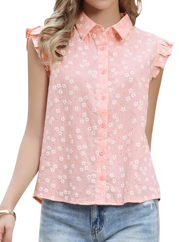 Allegra K Women Summer Floral Ruffle Cap Sleeve Button Down Shirts | Lapel Collar Design. Ruffled Details. Suitable for Office, Travel, Daily. Button Front Closure.