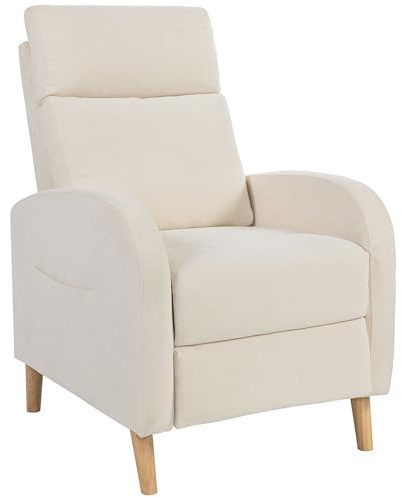 HOMCOM Sillón Relax Reclinable Manual Sillón Relax Tapizado en Lino Sintético con Reposapiés y Bolsillo Lateral Carga 135 kg Sillón Reclinable para Dormitorio Oficina Crema