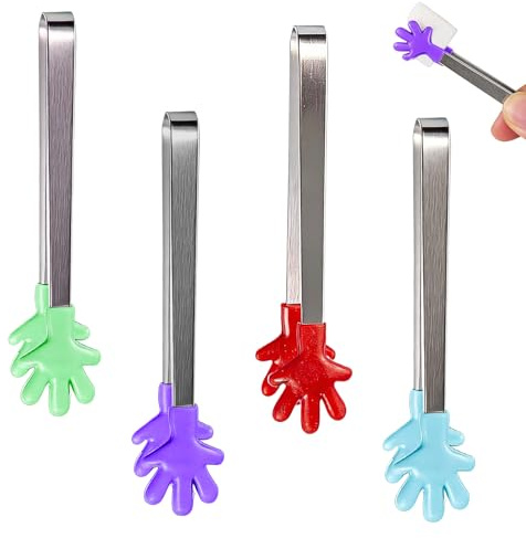 Set di 4 mini pinze per zucchero, pinze per raclette, piccole pinze in silicone, pinze da portata in acciaio inox, con manici in silicone colorati, divertenti pinze a mano, per frutta, ghiaccio e