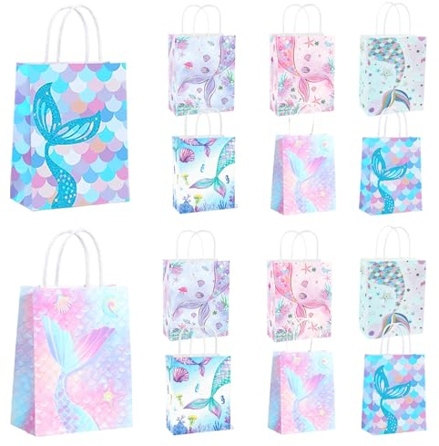 Lot de 12 sacs cadeaux en papier motif de sirène - Pour anniversaire d'enfant - 15 x 8 x 21 cm