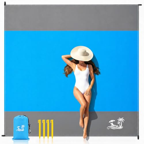 Solnery Large Beach Blanket Waterproof Sandproof, Beach Mats Sand Free, Windproof Outdoor Mat, Portable, 4 Stakes, 250 x 200 cm, Fits 1–8 People, for Seaside, Picnic & Camping (Ocean Blue)