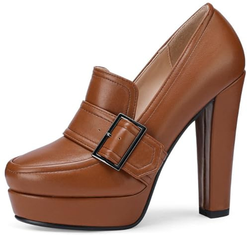 Gicoiz Donna Punta Rotonda Chunky Scarpe Ufficio Loafer Plateau Moda Tacco a Blocco Senza Chiusura Business Professionale Pumps Vestitoy Marrone Numero 40.5 EU-42Cn