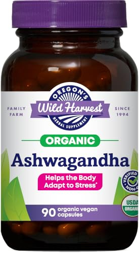Oregon's Wild Harvest Certified Organic Ashwagandha Herbal Vegan Capsules, 1200 MGS, 90 Count