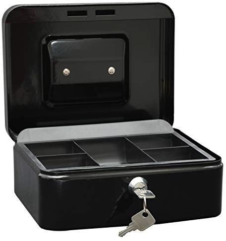 Wedo 145221X Geldkassette (aus pulverbeschichtetem Stahl, versenkbarer Griff, 5-Fächer-Münzeinsatz, Sicherheits-Zylinderschloss, 20 x 16 x 9 cm) schwarz