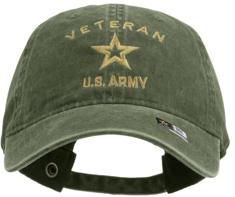 e4Hats.com U.S. Army Veteran Military Embroidered Washed Solid Pigment Dyed Cotton Twill Brass Buckle Cap - Olive OSFM