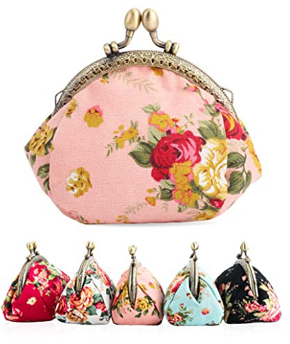 iSuperb Portamonete Chiusura a Scatto Borsellino Tela Piccolo Mini Coin Purse Kiss-Lock Wallet Borsa Metallo Retro Vintage Regalo per Donna e Ragazza (Rosa)
