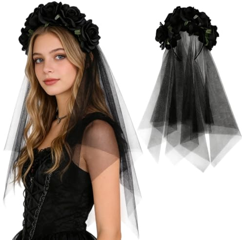 ITODA Halloween Hairband Bandeau Mariée Voile Couronne de Fleurs Rose Serre-tête avec Voile Bandeau tête Mariée Zombie Gothique Accessoire Cheveux Costume Déguisement pour Fête de Mariage ou Festival
