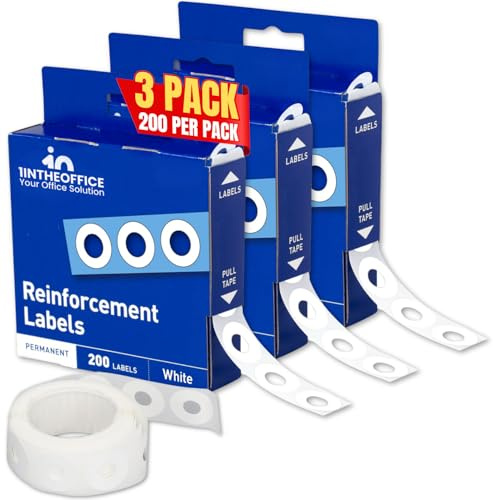 1InTheOffice Reinforcement Stickers for Hole-Punched Pages, 200 White Plastic Labels, 0.25 x 0.25, 3 Pack